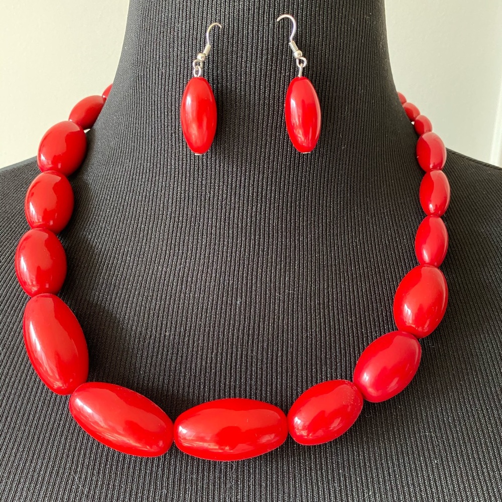 Red wooden bead necklace and earring set